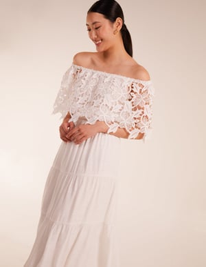 Crochet Lace Shirred Waist Midi Dress