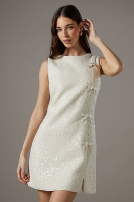 Sequin Boucle Shift Dress With Bows