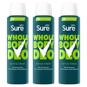 Sure Men Whole Body Deodorant Spray Active Fresh w/ 72H Odour Control 150ml, 3pk