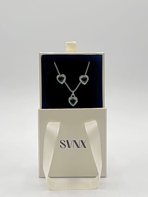 Green Diamante Heart Necklace and Earrings Set in Silver