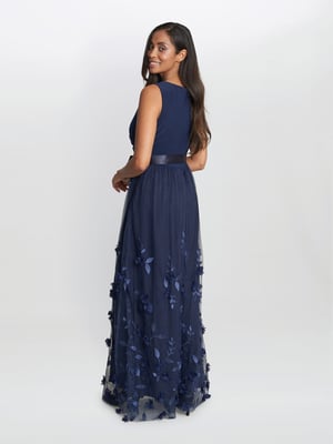 Olyssia Long Sleeveless Dress With Surplice Neckline , 3D Floral Skirt.