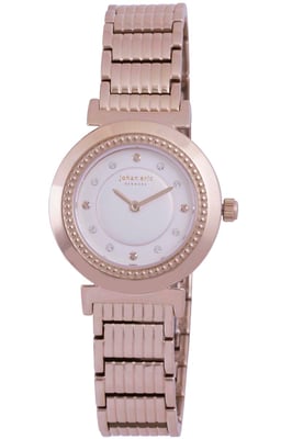 Johan eric: djursland, women's, silver dial watch, applied screw like indexes w swarovski crystals, rose gold ip coated stainless steel case & bracelet..