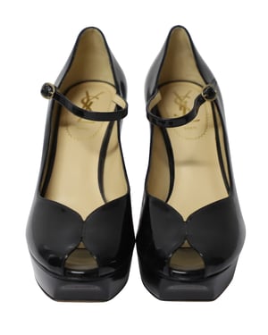 Yves Saint Laurent Peep Toe Platform Mary Jane Pumps in Black Patent Leather