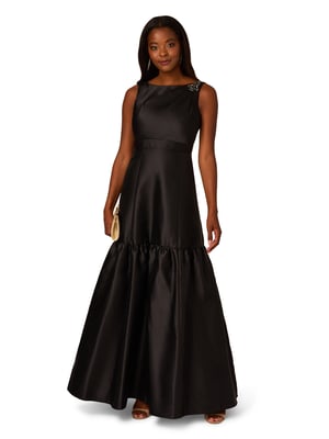 Mikado Flounce Shirred Gown in Black