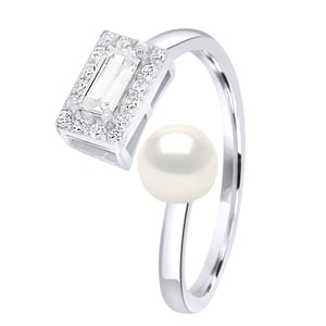 Ring adjustable Cubic Zirconia - Real Cultured Freshwater Pearl Button 5-6 mm