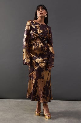 Metallic Marble Twist Front Bias Midi Dress