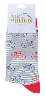 Mr Heron - Mens Bamboo Socks | Novelty Funky Socks | Patterned Argyle Striped Socks | Breathable Soft | Gifts for Him - Bike (Grey)