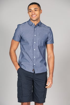 Mid Blue Cotton Short Sleeve Button-Up Printed Shirt With Chest Pocket