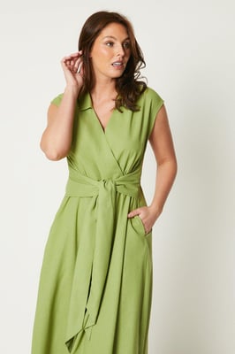 Linen Blend Belted Midi Dress