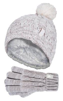 Heat Holders - Girls Bobble Pom Pom Hat and Gloves Set | Turn Over Cuff Hat & Cable Knit Gloves Style - Oatmeal Twist