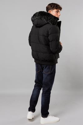 Black Short Padded Parka Jacket With Faux Fur Hood