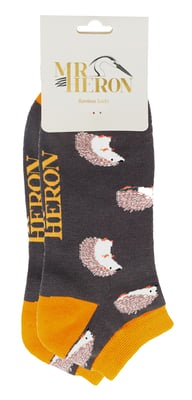 Mens Bamboo Trainer Socks | Mr Heron | Animal Themed Breathable Low Cut Sneaker Socks - Hedgehogs (Grey)