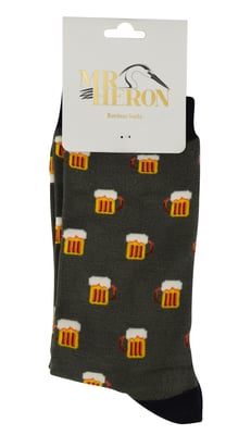 Mr Heron - Mens Bamboo Socks | Novelty Funky Socks | Patterned Argyle Striped Socks | Breathable Soft | Gifts for Him - Beer (Grey)