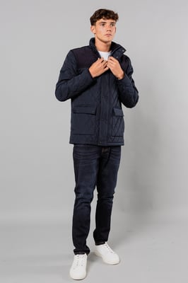 Navy Diamond Quilted Jacket With Corduroy Detail