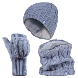 Heat Holders - Womens Thermal Winter Fleece Hat, Neck Warmer and Converter Gloves set - Dusky Blue