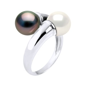 Ring U & Ik Prestige van Zilver 925 Geverfd met Rhodium, versierd met Echte Gecultiveerde Tahitiaanse Parel en FRESHWATERKLEUR NATUURLIJK WIT - 8-9 mm