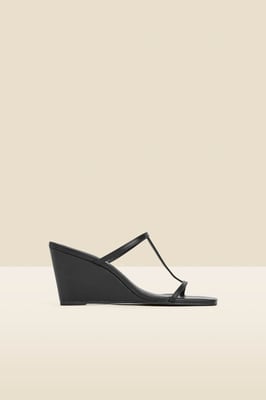 Black Leather Square Toe Strappy Wedged Mules