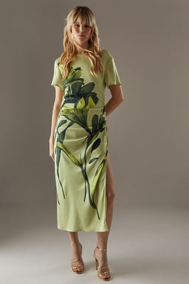 Placement Print Crinkle Satin Ruched Midi Dress