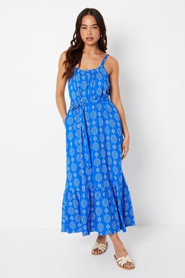 Petite Blue Tile Tiered Pocket Midi Dress