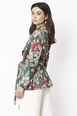 Faux Suede Floral Digital Print Tie Waist Jacket
