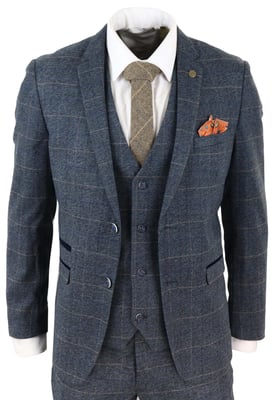 Heren 3-delig blauw tweed geruit vintage pak