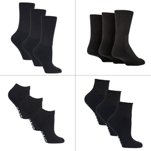 12 Pair Pack Diabetic Socks All Year Round Bundle Set | IOMI | Extra Wide Socks for Swollen Ankles, Legs & Feet | Crew Ankle Trainer Diabetic Socks in Cotton & Bamboo - Black