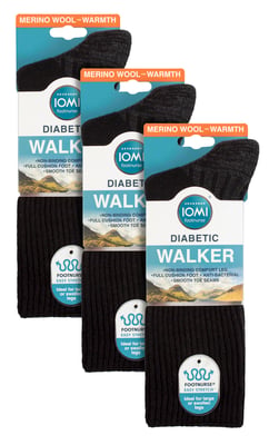 3 Pack Diabetic Walking Socks for Mens | IOMI FOOTNURSE | Extra Wide Soft Top Seamless Hiking Socks - Black