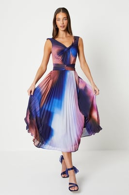 Printed Pleated V Neck Midi Dress