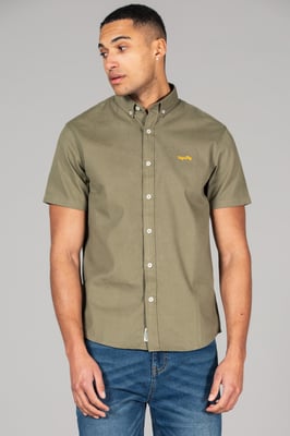 Olive Cotton Short Sleeved Button-Up Oxford Shirt