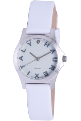 Haurex Italy Women's 6A505DSW "Mini City" Diamond-Accented Stainless Steel Watch with White Leather Band