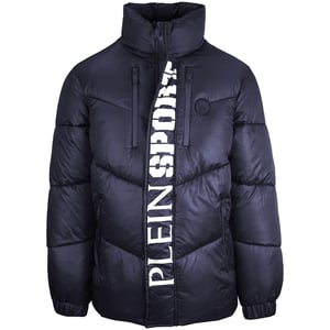 Plein Sport Bold Vertical Logo Glänsande vadderad marinblå jacka