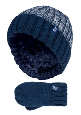 Heat Holders - Kids Boys Winter Knitted Thermal Fleece Lined Cuffed Beanie Hat and Mittens Set - NTO2P6