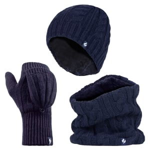 Heat Holders - Womens Thermal Winter Fleece Hat, Neck Warmer and Converter Gloves set - Navy