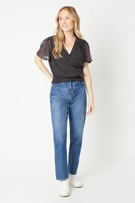 Spot Chiffon Shirred Hem Wrap Blouse