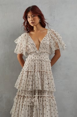 Tulle Spot Plunge Neck Flutter Sleeve Tier Maxi Dress