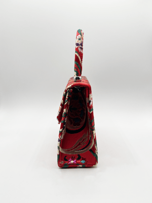 Red Satin Embroidered Top Handle Bag