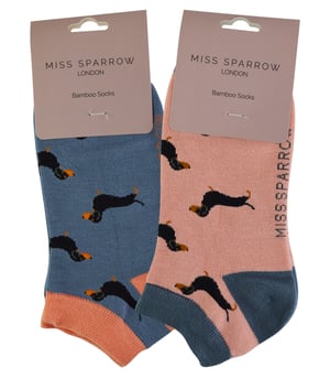 2 Pair Multipack Ladies Bamboo Trainer Socks | Miss Sparrow | Breathable Novelty Animal Patterns Socks - Sausage Dog