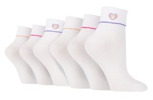 6 Pairs Ladies Lounge Turn Cuff Socks | Wildfeet | Knit Ankle Embroidered Socks - Heart