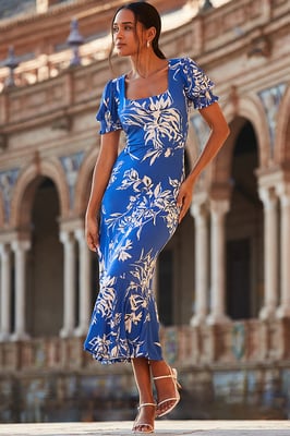 Blue Floral Print Fluted Hem Midi Jersey Dress
