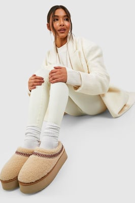 Borg Embroidered Platform Cosy Mules