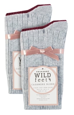 4 Pack Ladies Cashmere Boot Socks | Wildfeet | Ribbed Crew Wool Bed Socks - Blue/Mauve