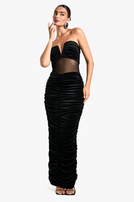 Velvet Mesh Plunge Ruched Maxi Dress