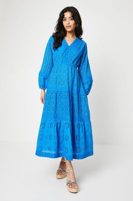 Petite Broderie Trim Detail Puff Sleeve Midi Dress