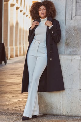 Black Longline Trench Coat With Faux Leather Trim