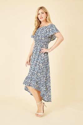 Blue Floral Ditsy Bardot Midi Dress