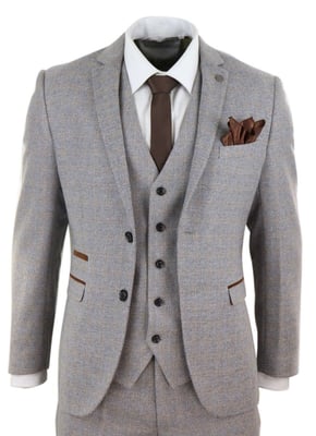 Heren 3-delig crème tweed geruit vintage retro pak