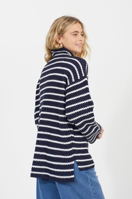 Navy Striped Fisherman Knit Zip Neck Tunic Jumper