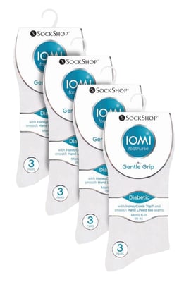12 Pair Multipack Gentle Grip Top Diabetic Socks | IOMI | Mid Calf Loose Top Non Elastic Cotton Socks with Handlinked Seamless Toe - White