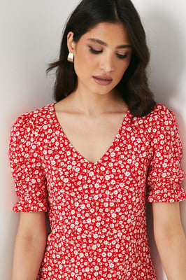 Red Ditsy V Neck Short Sleeve Midi Dress