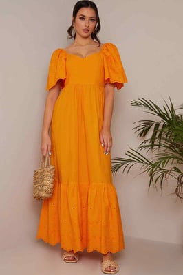 Broderie Anglaise Sleeve Poplin Maxi Dress in Orange